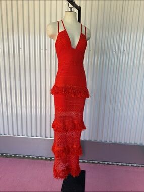 Boohoo Orange/Dark Peach One-Shoulder Crochet Fringe Maxi Dress